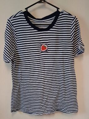 Striped Navy & White Womens Top with Strawberry Patch